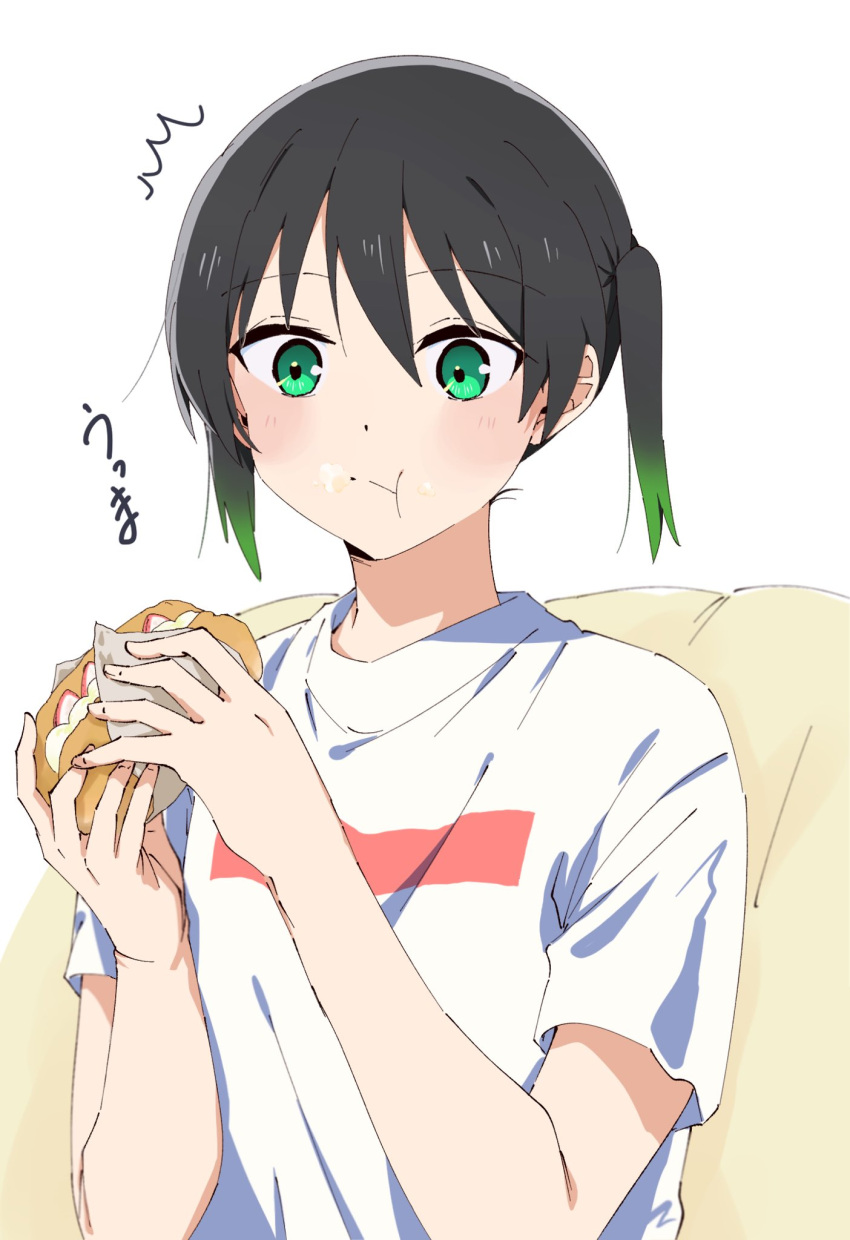 1girl, :t, ^^^, black_hair, blush, closed_mouth, commentary, eating, food, food_on_face, gradient_hair, green_eyes, green_hair, hair_between_eyes, hands_up, highres, holding, holding_food, koppepan, loungewear, love_live!, love_live!_nijigasaki_high_school_idol_club, medium_hair, multicolored_hair, shirt, simple_background, solo, split_mouth, symbol-only_commentary, t-shirt, takasaki_yu, twintails, two-tone_hair, upper_body, wakahima, white_background, white_shirt