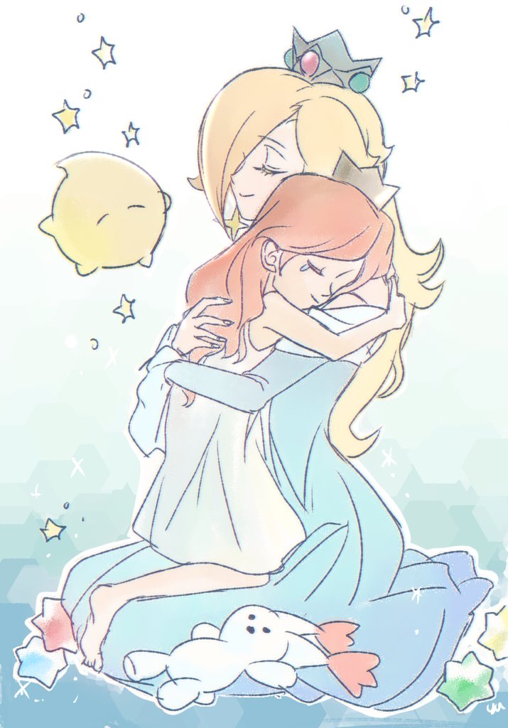2girls, agua_mp, blonde_hair, blue_dress, closed_eyes, closed_mouth, crown, doll