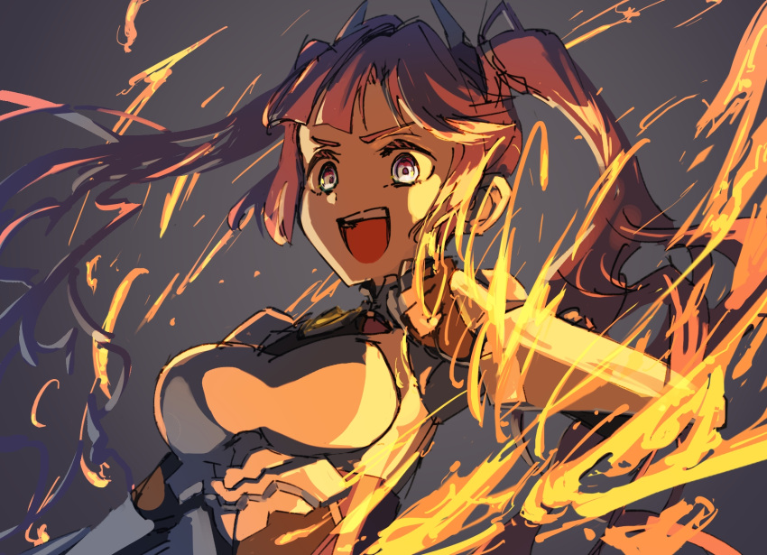 1girl, :d, anyoji_hime, armor, blunt_bangs, breasts, commentary, fanfare!!!_(love_live!), fire, grey_background, headpiece, highres, lao_ren_xing, link!_like!_love_live!, long_hair, love_live!, medium_breasts, official_alternate_costume, official_alternate_hairstyle, pink_hair, pyrokinesis, sidelocks, simple_background, smile, solo, swept_bangs, teeth, twintails, upper_teeth_only, v-shaped_eyebrows, very_long_hair, virtual_youtuber, white_armor