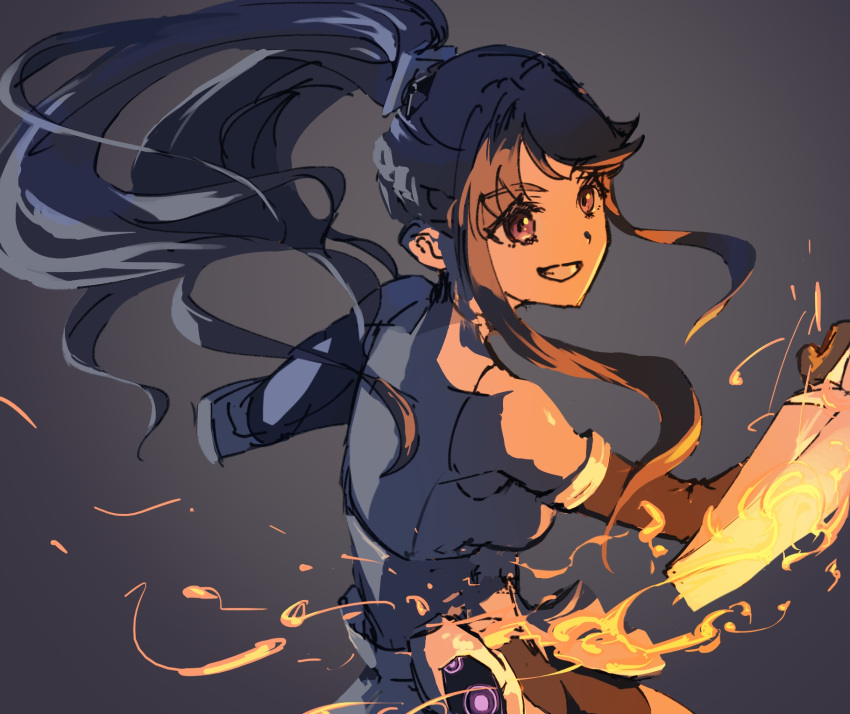 1girl, armor, black_gloves, breasts, brown_hair, candlelight, commentary, elbow_gloves