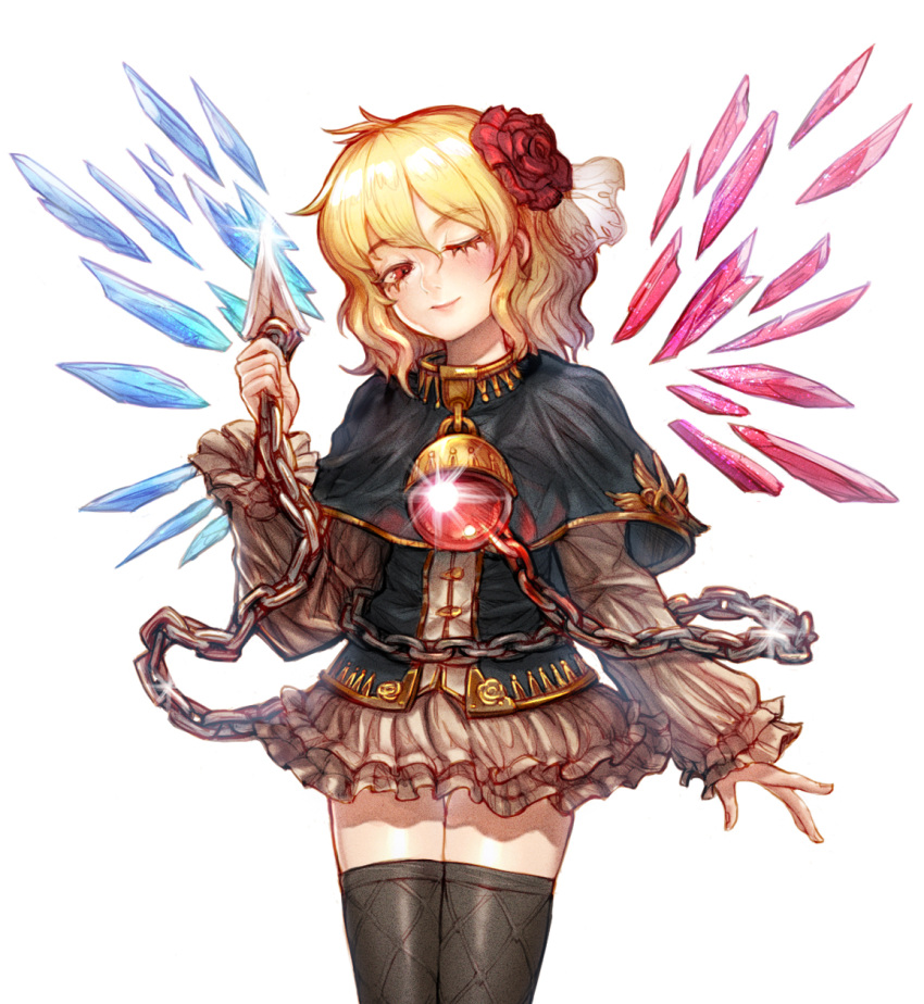 100_percent_orange_juice, 1girl, black_dress, black_thighhighs, blonde_hair, chain, closed_mouth, commentary_request, cowboy_shot, detached_wings, dress, english_commentary, flower, hair_flower, hair_ornament, highres, hime_(orange_juice), ikuse, light_smile, looking_to_the_side, mixed-language_commentary, one_eye_closed, red_eyes, red_flower, simple_background, solo, suguri, thigh-highs, wings