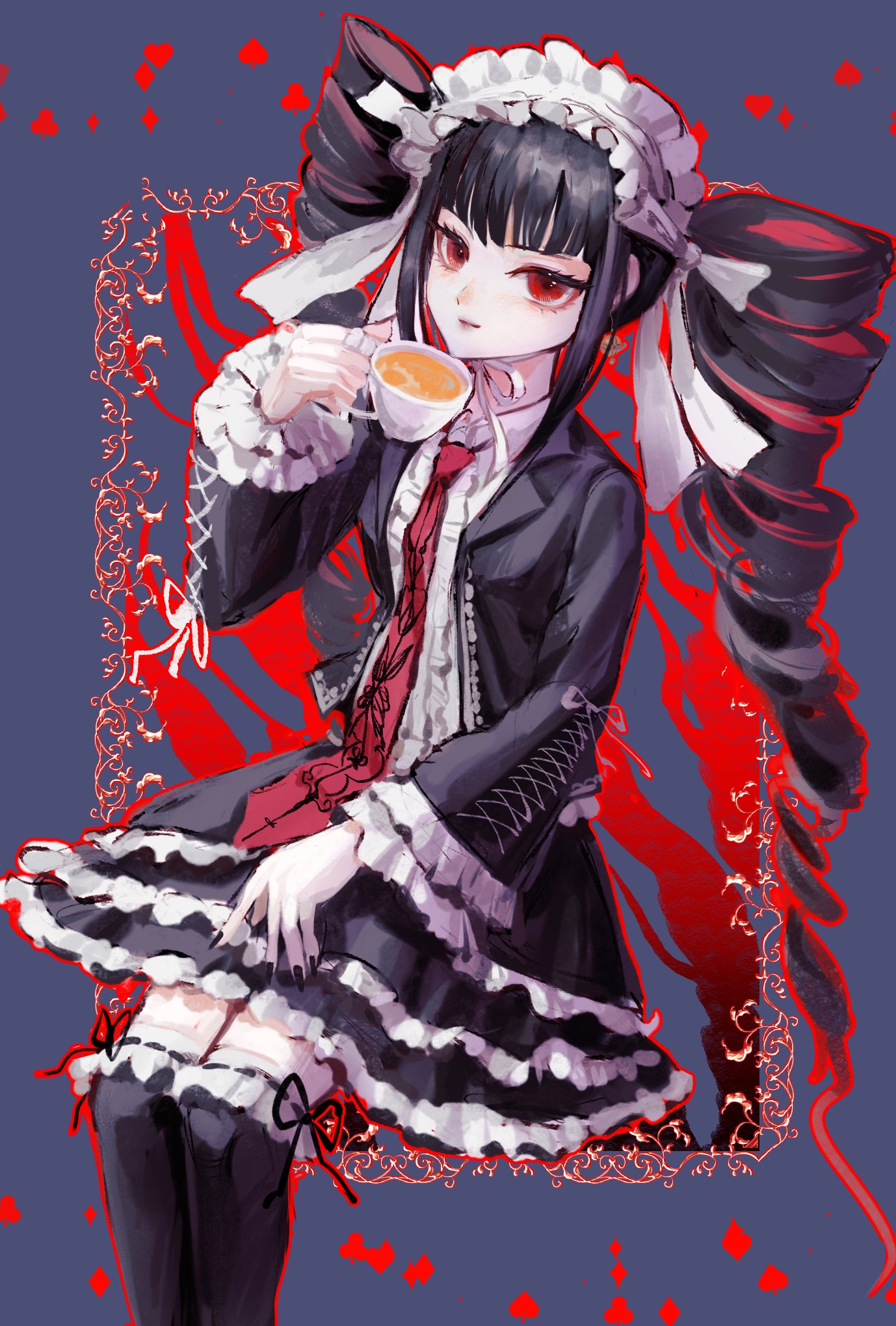1girl, black_hair, black_jacket, black_nails, bonnet, celestia_ludenberg, danganronpa:_trigger_happy_havoc, danganronpa_(series)