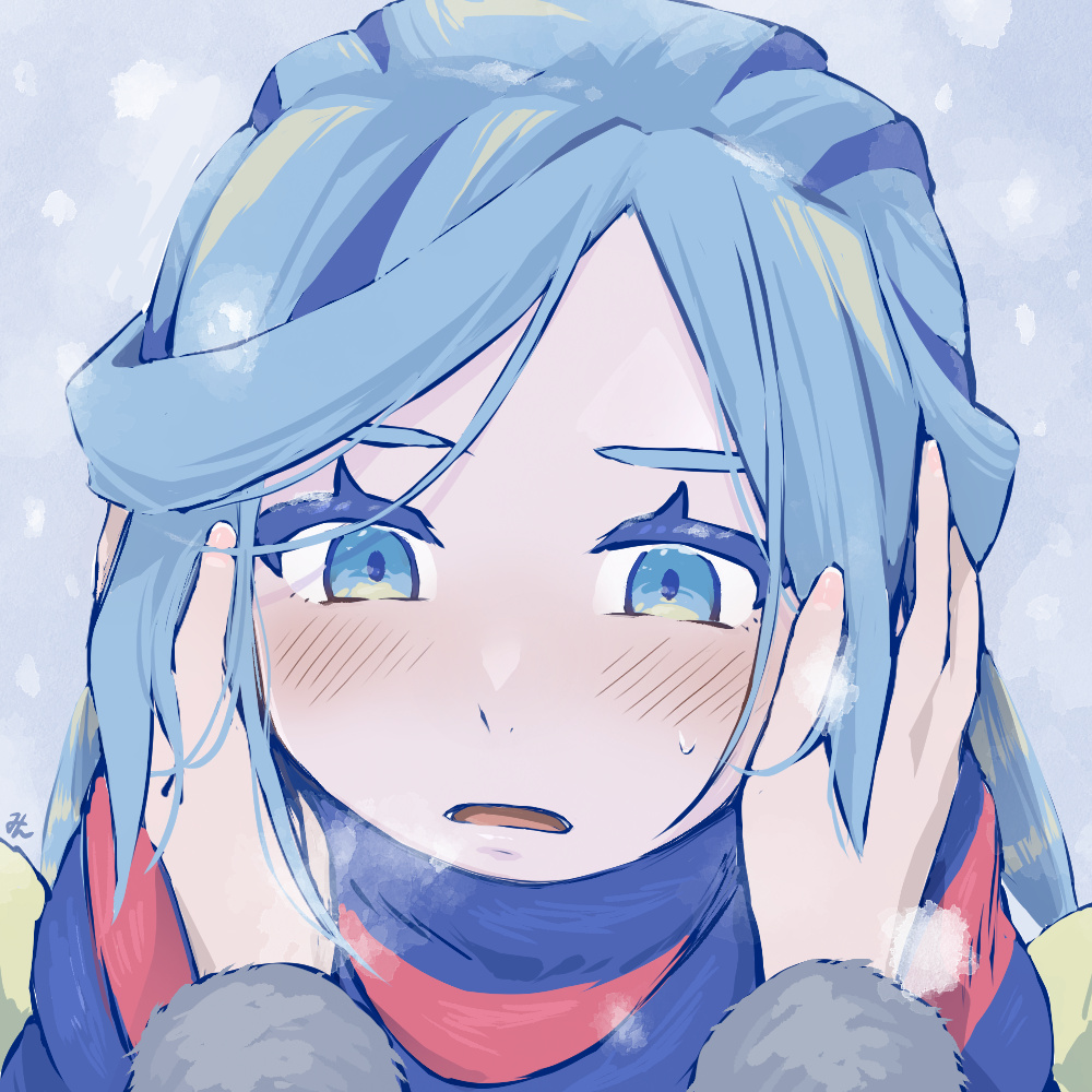 1boy, 1girl, blue_eyes, blue_hair, blue_scarf, blush, breath, commentary_request