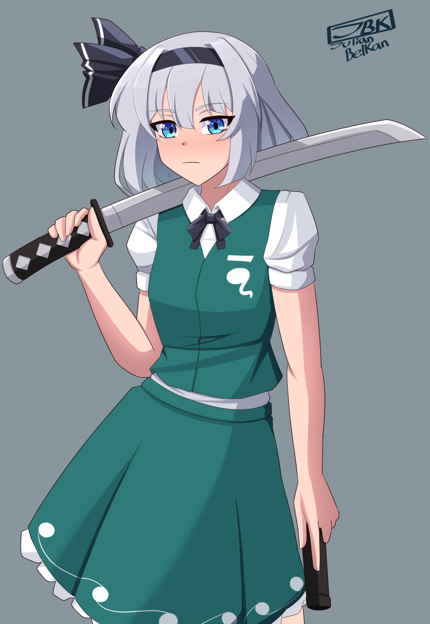1girl, absurdres, aqua_eyes, black_bow, black_bowtie, black_hairband, blush, bow