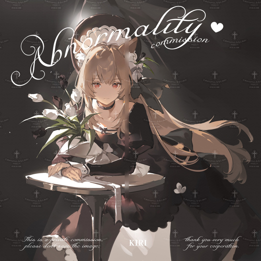 1girl, absurdres, animal_ear_fluff, animal_ears, black_background, black_bow, black_dress, black_flower, black_tulip, bouquet, bow, brown_hair, cat_ears, cat_girl, chinese_commentary, closed_mouth, commentary_request, commission, dress, expressionless, flower, hair_between_eyes, hair_bow, heart, highres, holding, holding_bouquet, leaf, leaning_forward, leaning_on_table, long_dress, long_hair, long_sleeves, looking_at_viewer, original, own_hands_together, puffy_sleeves, red_eyes, simple_background, solo, table, tulip, white_bow, white_flower, white_tulip, yunouou10