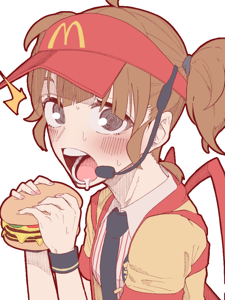 1girl, @_@, black_necktie, black_wristband, blush, brown_hair, burger, collared_shirt