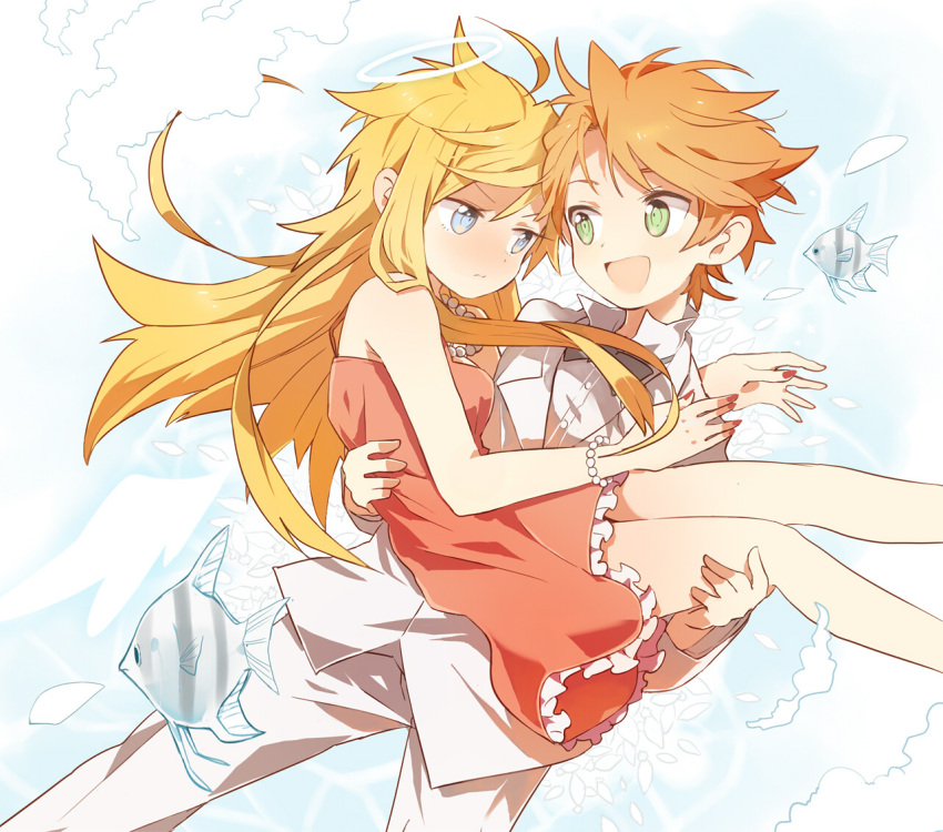 1boy, 1girl, alternate_hairstyle, bad_id, blonde_hair, blue_eyes, brief_(character), brief_(psg), carrying, couple, dress, fish, green_eyes, halo, kitsuta, orange_hair, panty_&amp;_stocking_with_garterbelt, panty_(character), panty_(psg), petals, princess_carry, tuxedo