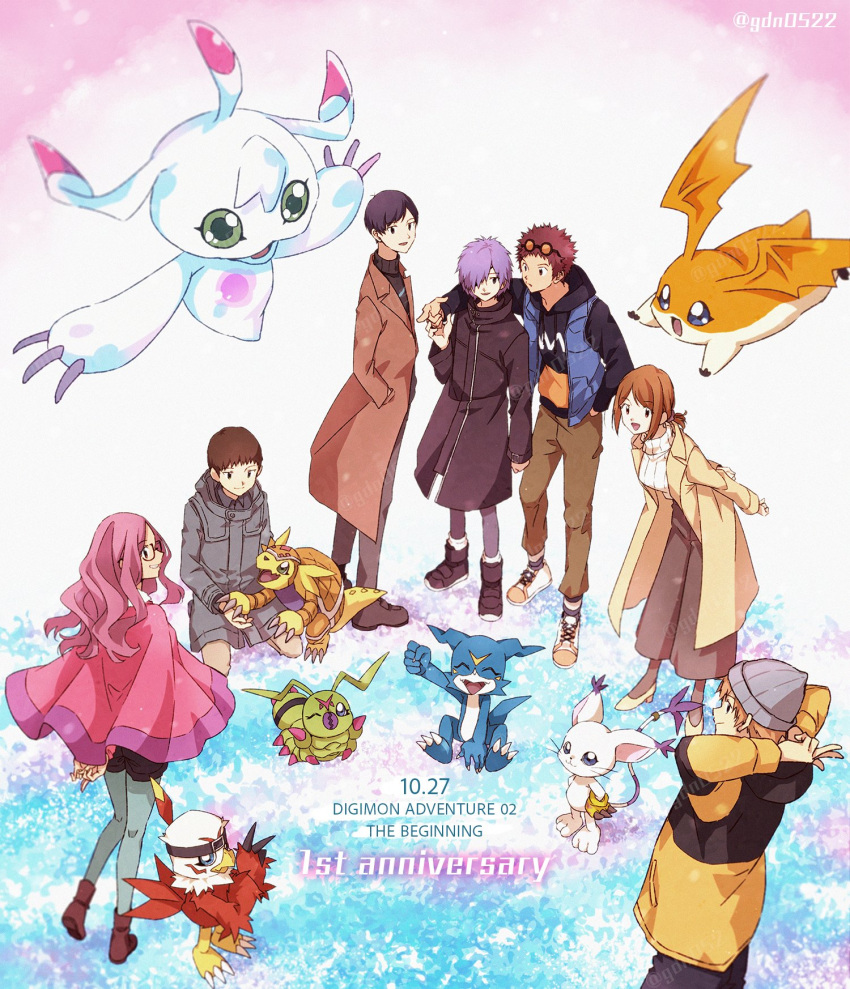 2girls, 5boys, anniversary, armadillo, armadimon, beak, beanie, bird
