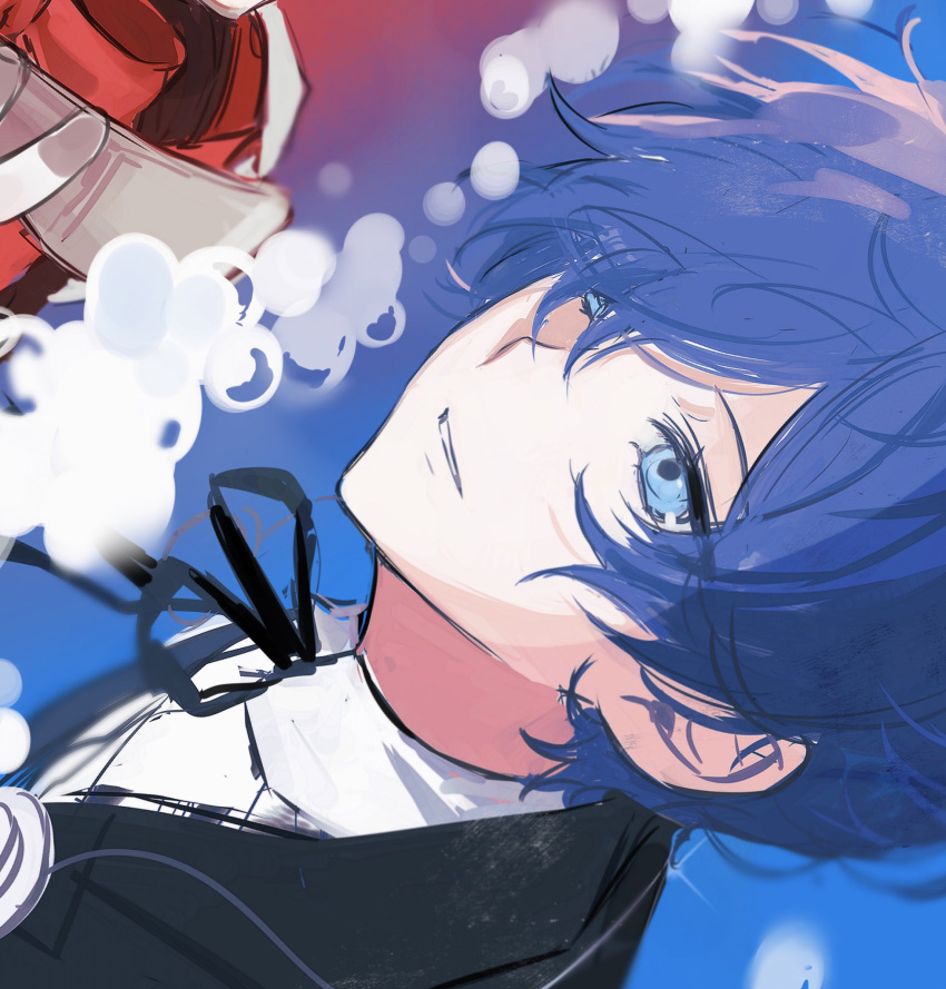 1boy, 1girl, aegis_(persona), black_jacket, black_ribbon, blue_eyes, blue_hair, bow