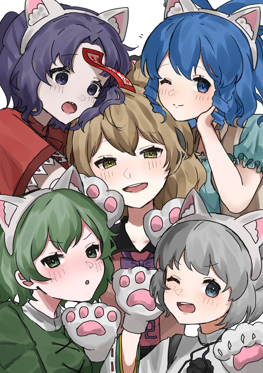 5girls, absurdres, animal_ears, animal_hands, blue_eyes, blue_hair, blue_shirt, blush