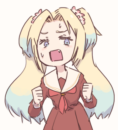 1girl, blonde_hair, blue_eyes, blue_hair, brown_dress, clenched_hands, commentary, cowboy_shot, dress, fang, flower, gradient_hair, hair_flower, hair_ornament, hasu_no_sora_school_uniform, lao_ren_xing, light_blue_hair, link!_like!_love_live!, long_hair, long_sleeves, love_live!, lowres, multicolored_hair, neckerchief, osawa_rurino, parted_bangs, pink_flower, pleated_dress, rectangular_mouth, red_neckerchief, sailor_collar, sailor_dress, school_uniform, simple_background, solo, twintails, virtual_youtuber, white_background, white_sailor_collar, winter_uniform