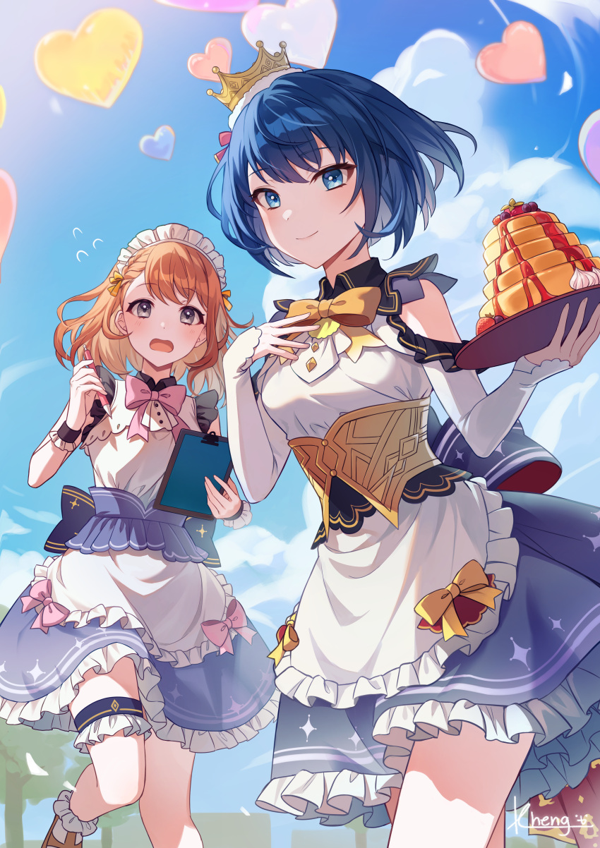 2girls, absurdres, apron, arm_cutout, balloon, blue_hair, blue_sky, blush