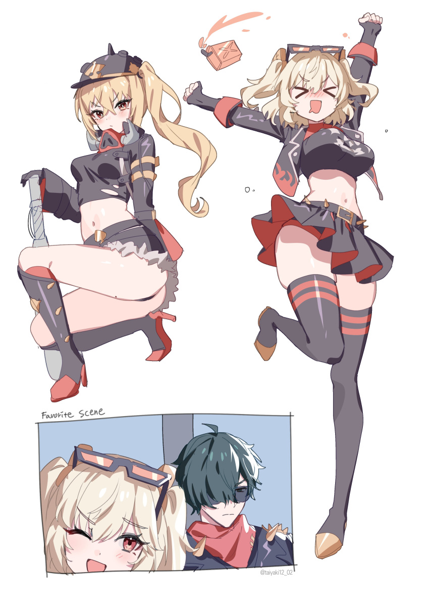 >_<, 1boy, 2girls, absurdres, black_gloves, black_helmet, black_jacket, black_skirt