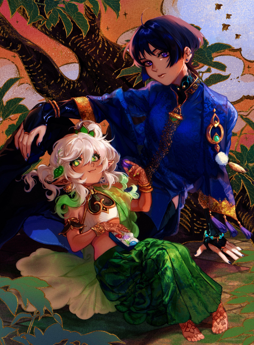1boy, 1girl, absurdres, adapted_costume, ahoge, alternate_costume, alternate_hairstyle, alternate_skin_color