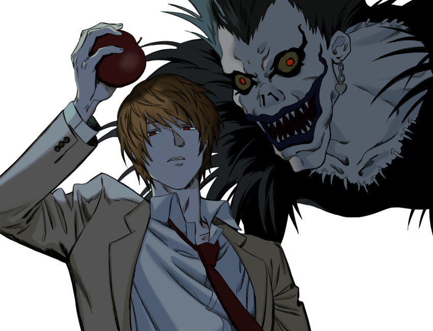 2boys, apple, arm_up, black_hair, blazer, brown_hair, brown_jacket, colored_sclera