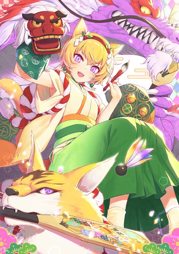 1girl, animal_ears, bell, bracelet, braid, cat, cat_ears, cat_girl, cat_tail, commentary_request, facepaint, facial_mark, fang, fire_emblem, fire_emblem:_path_of_radiance, fire_emblem_heroes, hair_ornament, hakama, hakama_skirt, hand_puppet, japanese_clothes, jewelry, kimono, lethe_(fire_emblem), lethe_(new_year)_(fire_emblem), official_alternate_costume, open_mouth, orange_hair, orange_tail, piro_(orip), puppet, skirt, solo, tail, transformation, violet_eyes