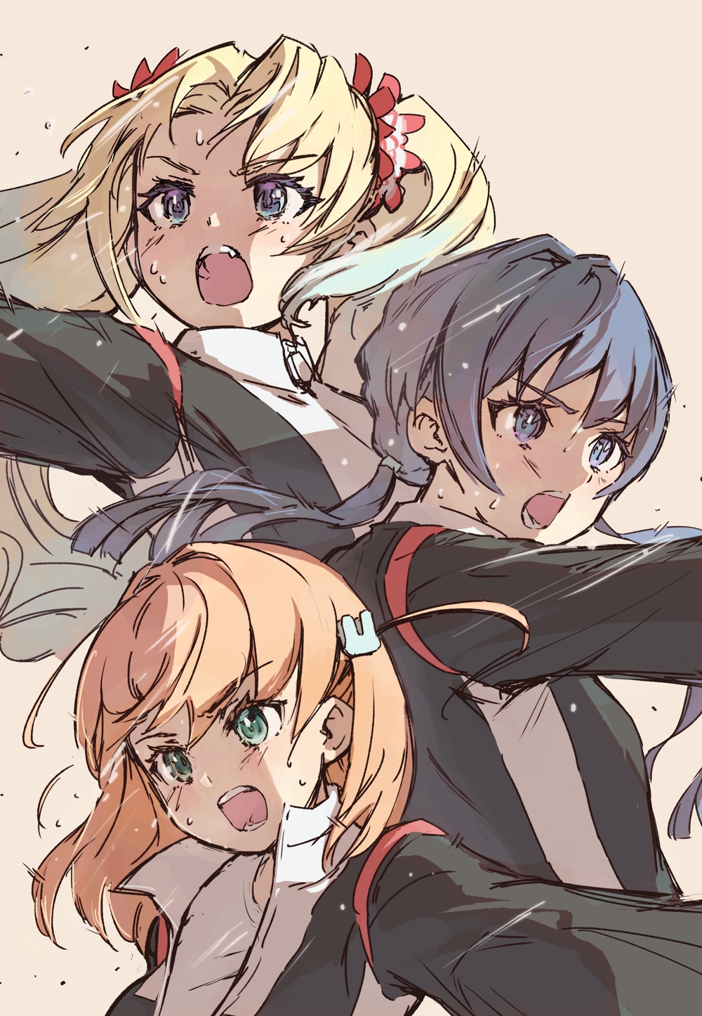 3girls, black_jacket, blonde_hair, blue_eyes, blue_hair, commentary_request, crossed_bangs, dark_blue_hair