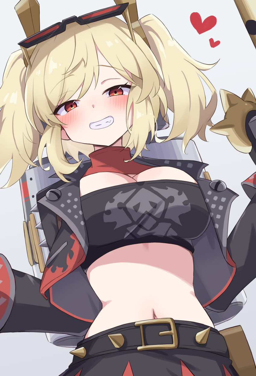 1girl, absurdres, black_jacket, black_skirt, black_tube_top, blonde_hair, breasts, burnice_white