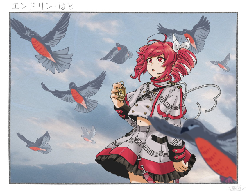 1girl, animal, antenna_hair, bird, clouds, commentary, compass, day, drill_hair, endling_hato_(synthesizer_v), frilled_skirt, frills, fujinoki_(horonabe-ken), highres, holding_compass, kasane_teto, kasane_teto_(sv), long_sleeves, midriff, multicolored_hair, outdoors, parted_lips, red_eyes, redhead, skirt, sky, synthesizer_v, twin_drills, twintails, utau, white_hair