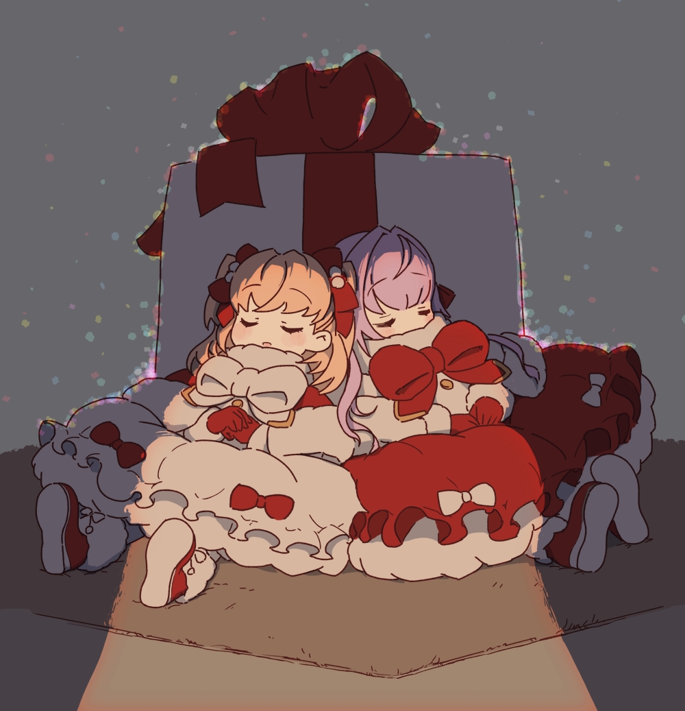 2girls, blush, boots, bow, capelet, cerise_bouquet, closed_eyes, commentary_request