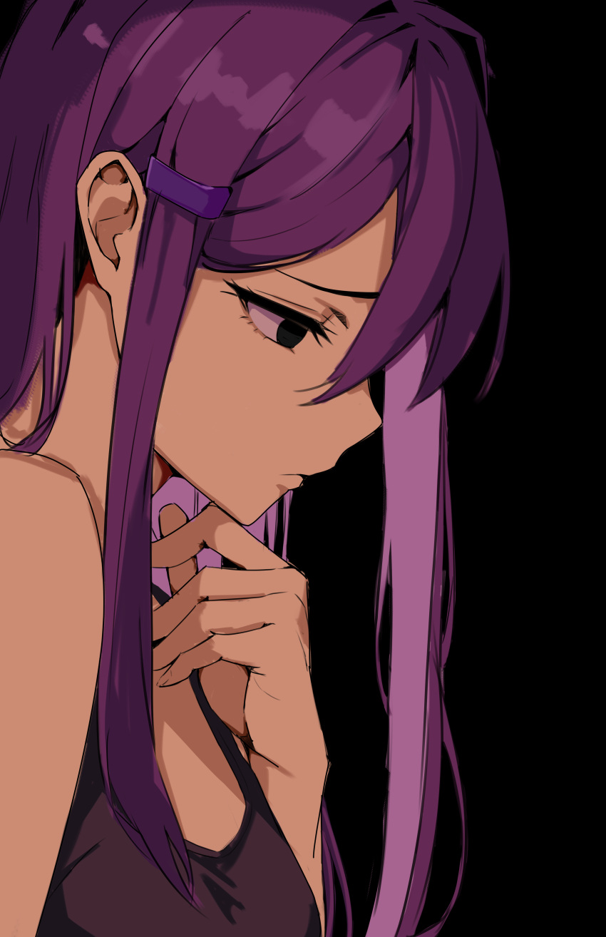 1girl, absurdres, black_background, black_eyes, black_shirt, breasts, doki_doki_literature_club, empty_eyes, english_commentary, from_side, gozuu, hair_ornament, hairclip, half-closed_eyes, hand_on_own_chest, highres, long_hair, looking_down, purple_hair, shirt, simple_background, solo, spaghetti_strap, unfinished, upper_body, yuri_(doki_doki_literature_club)
