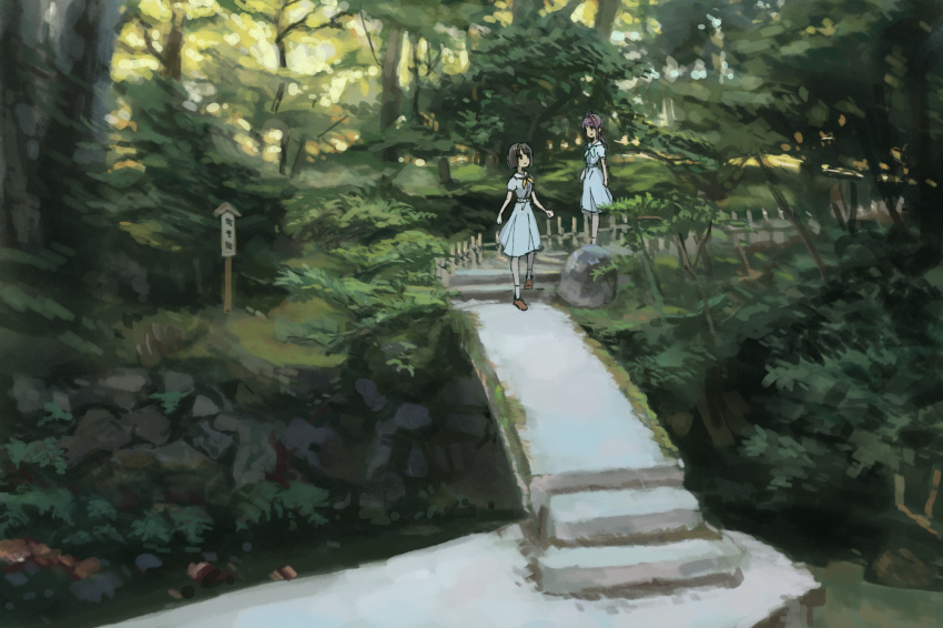 2girls, aqua_neckerchief, black_hair, blue_dress, blunt_bangs, blunt_ends, bridge, commentary_request