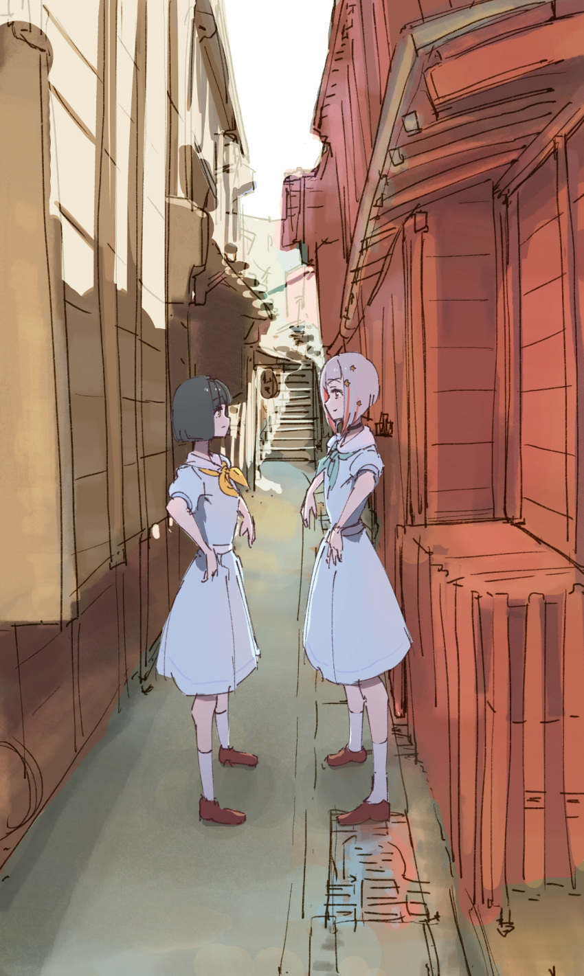 2girls, aqua_neckerchief, black_choker, black_hair, blue_dress, blunt_bangs, blunt_ends, bob_cut