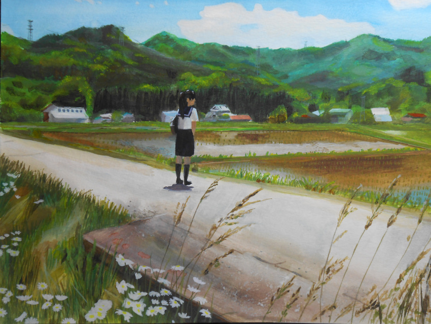 1girl, absurdres, black_hair, building, clouds, cloudy_sky, derivative_work, dirt_road