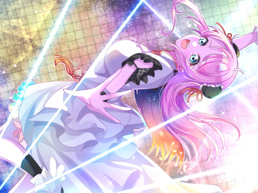 1girl, :d, ahoge, black_socks, blue_eyes, breasts, bun_cover, collared_dress, commentary, double_bun, dress, feet_out_of_frame, frilled_dress, frills, hair_bun, highres, large_breasts, long_hair, looking_at_viewer, love_live!, love_live!_nijigasaki_high_school_idol_club, love_live!_nijigasaki_high_school_idol_club_kanketsu-hen, mandarin_collar, medium_dress, mole, mole_under_eye, official_alternate_costume, open_hand, outstretched_arms, phoenix_(love_live!), pink_hair, sakari_(pear_8_ll), sidelocks, sleeveless, sleeveless_dress, smile, socks, solo, spread_arms, swept_bangs, teeth, upper_teeth_only, white_dress, zhong_lanzhu