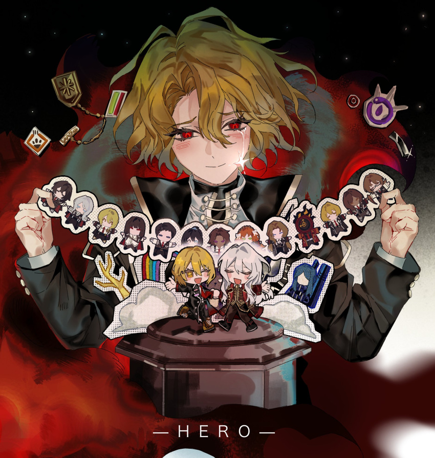 1other, 6+boys, 6+girls, bari_(project_moon), black_jacket, blonde_hair, chibi, crying, dante_(limbus_company), don_quixote_(project_moon), faust_(project_moon), gregor_(project_moon), heathcliff_(project_moon), highres, hong_lu_(project_moon), ishmael_(project_moon), jacket, la_manchaland's_don_quixote_(project_moon), limbus_company, long_sleeves, meursault_(project_moon), multiple_boys, multiple_girls, outis_(project_moon), project_moon, red_eyes, rodion_(project_moon), ryoshu_(project_moon), sancho_(project_moon), short_hair, sinclair_(project_moon), solo_focus, streaming_tears, tears, uli97007255, yi_sang_(project_moon)