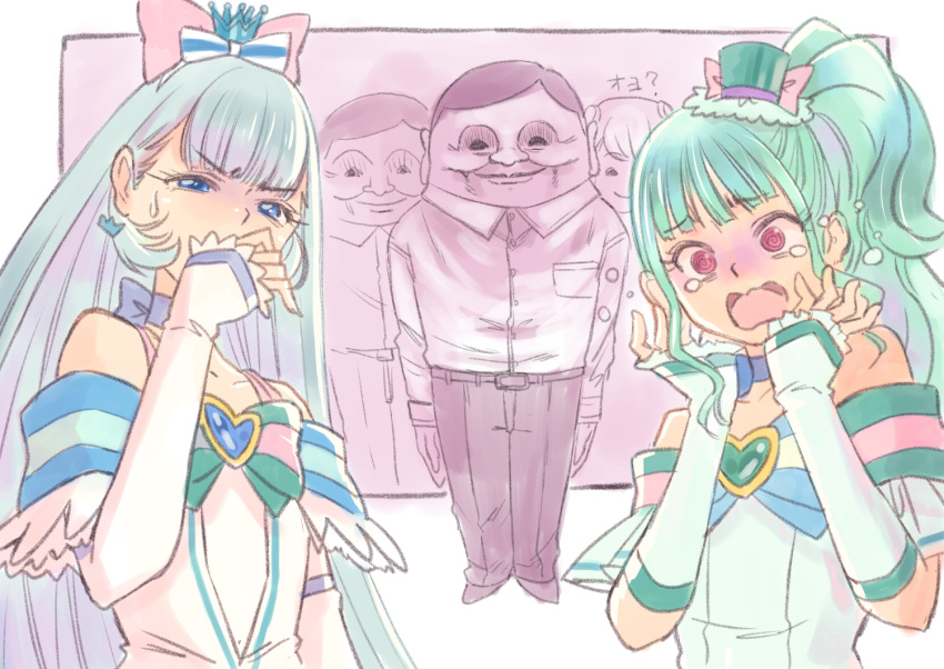 2boys, 2girls, aqua_bow, aqua_bowtie, aqua_hair, aqua_hat, blue_choker, blue_crown