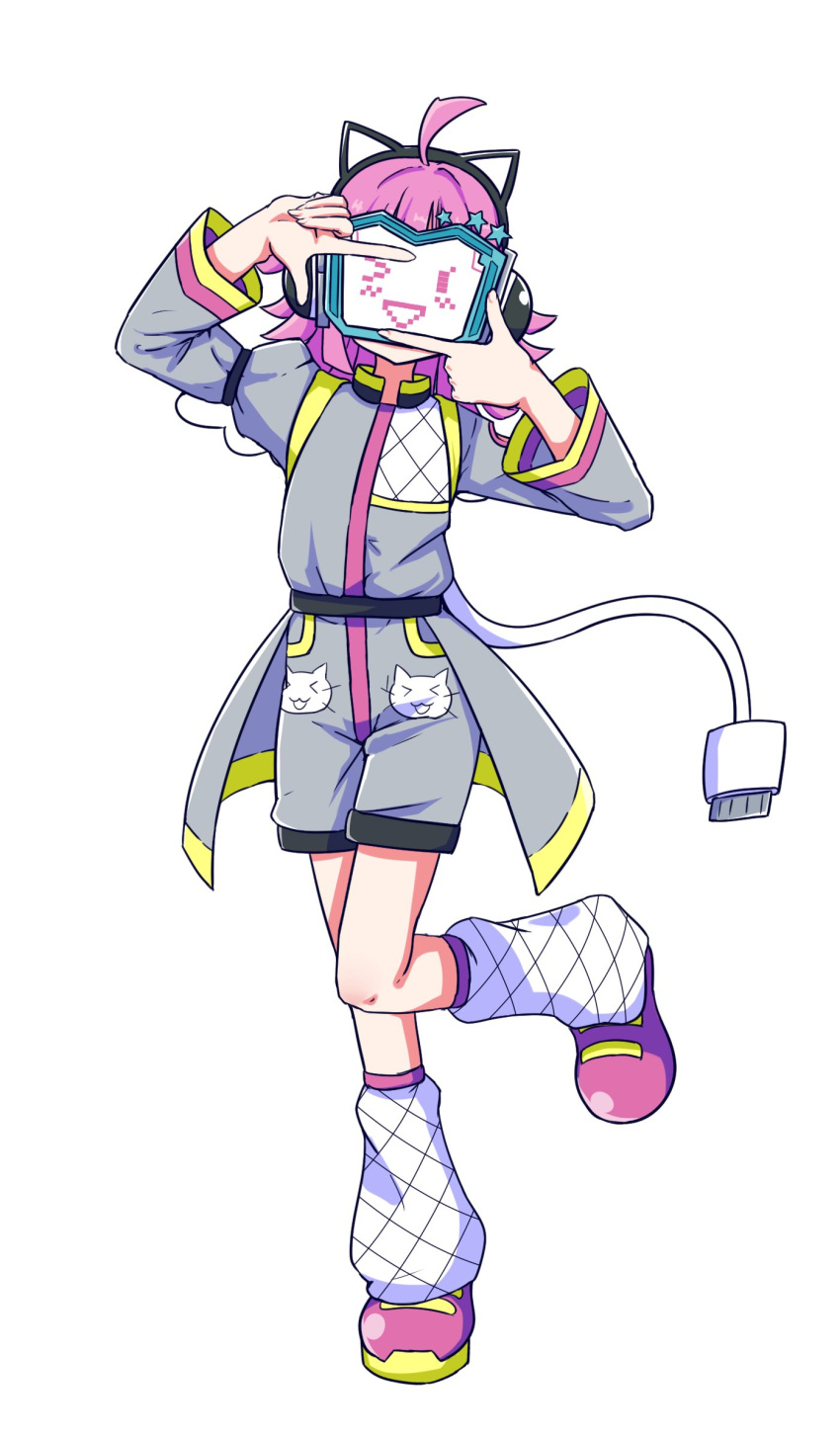 1girl, ;d, absurdres, ahoge, blunt_bangs, blunt_ends, cable, cable_tail