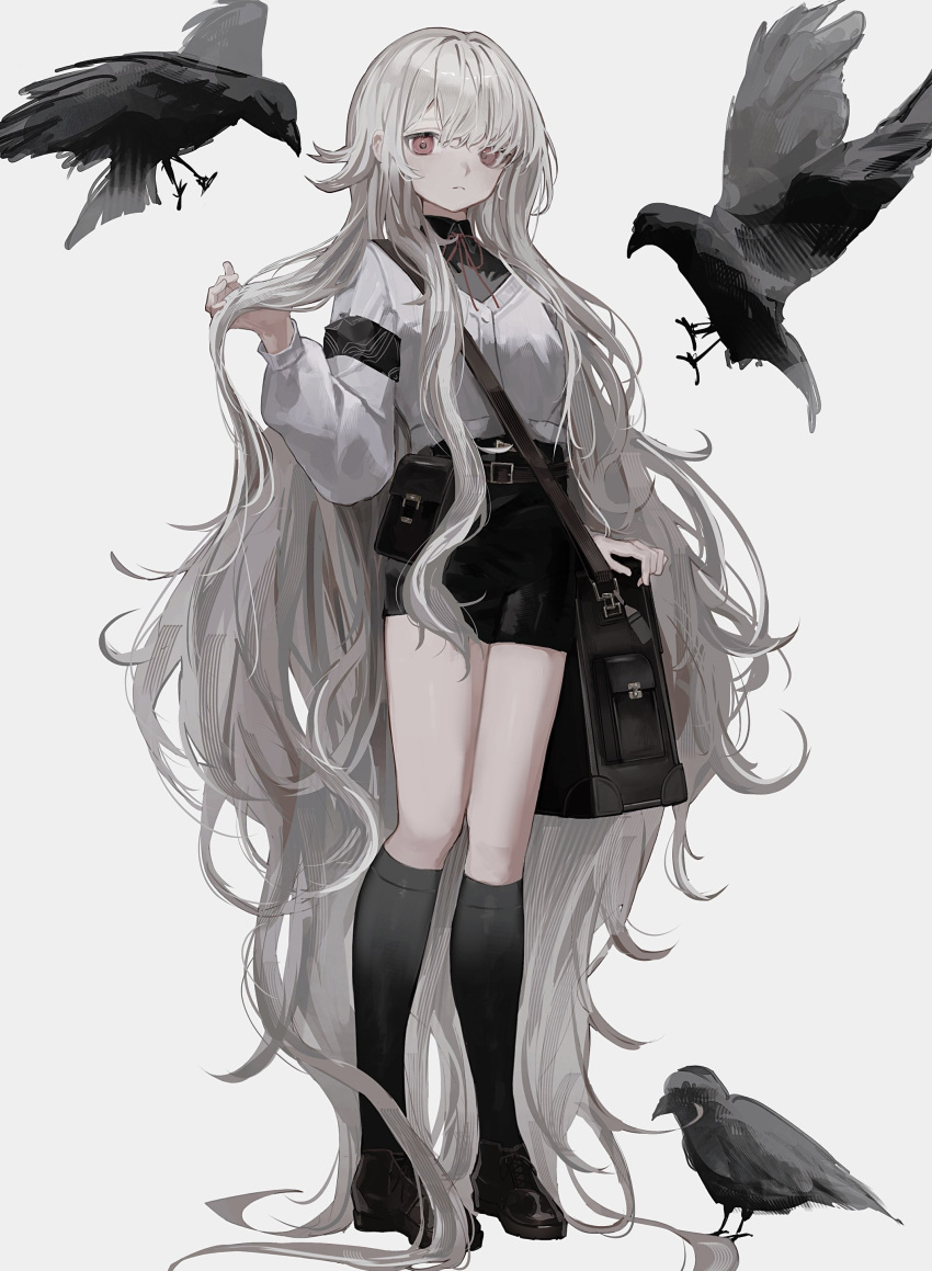 1girl, absurdly_long_hair, absurdres, armband, bag, belt, belt_pouch, bird
