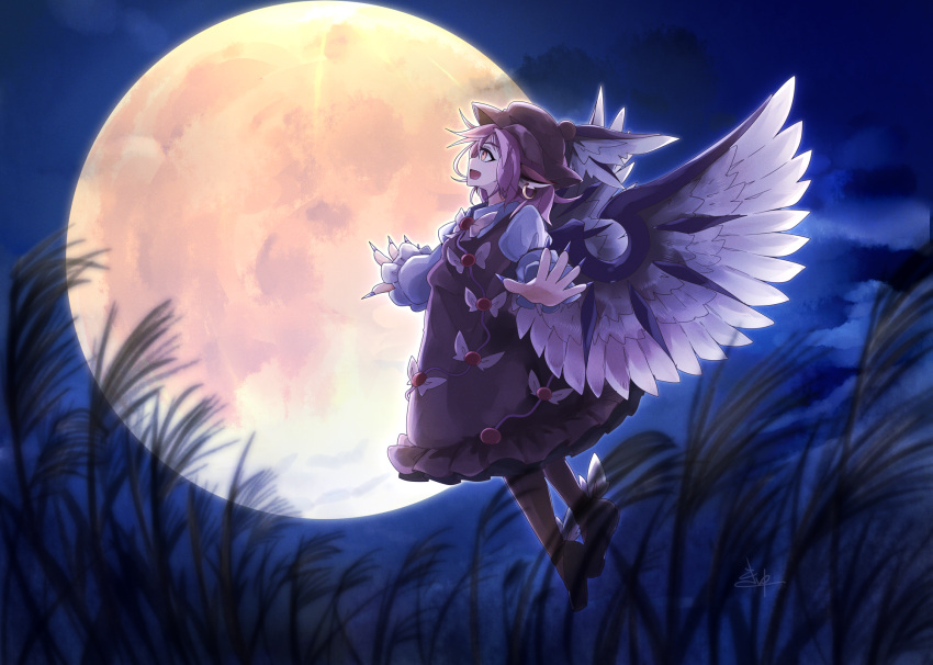 1girl, animal_ears, bird_ears, bird_wings, brown_dress, brown_footwear, brown_hat, brown_pantyhose