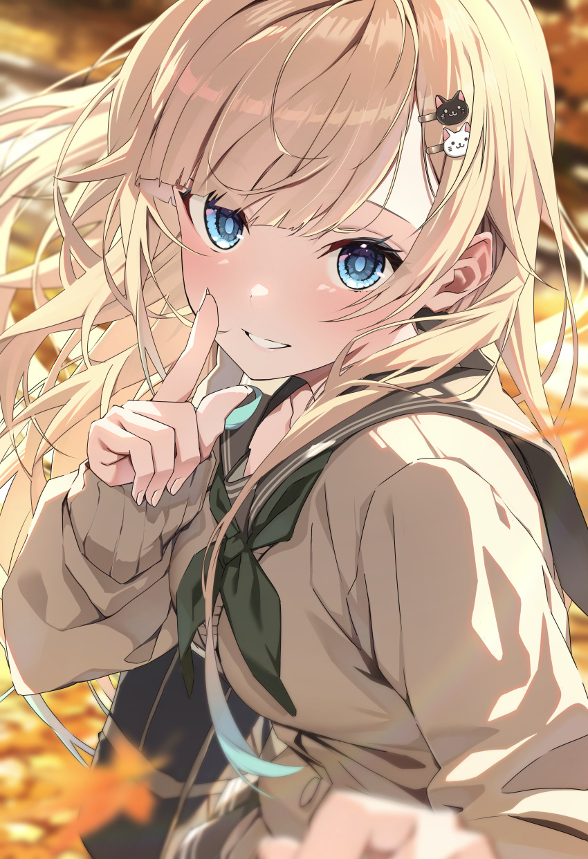 1girl, absurdres, aizawa_ema, alternate_costume, autumn_leaves, black_neckerchief, black_sailor_collar, blue_eyes