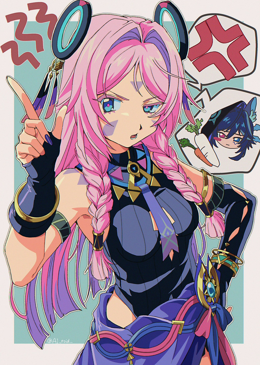 1boy, 1girl, ai_roid, anger_vein, animal_ear_fluff, animal_ears, arm_cutout, arm_markings, armlet, asymmetrical_sleeves, bat_ears, black_bra, black_hair, black_hood, black_leotard, black_sleeves, blue_eyes, blue_gemstone, blunt_ends, blush_stickers, bow, bra, bracelet, breasts, carrot, citlali_(genshin_impact), cleavage_cutout, closed_mouth, clothing_cutout, colored_inner_hair, detached_sleeves, facial_mark, feather_hair_ornament, feathers, floating_hair_ornament, forehead_mark, gem, genshin_impact, gold, grandmother_and_grandson, hair_intakes, hair_ornament, hair_rings, hand_on_own_hip, hand_up, heterochromia, highres, hip_vent, index_finger_raised, jewelry, leotard, long_hair, looking_at_viewer, lower_teeth_only, multicolored_hair, necktie, open_mouth, ororon_(genshin_impact), pink_bow, pink_hair, pink_pupils, purple_bow, purple_hair, purple_nails, purple_necktie, purple_skirt, radish, red_eyes, side_slit, sidelocks, skirt, sleeveless_turtleneck_leotard, spoken_anger_vein, spoken_character, spoken_object, streaked_hair, teeth, triangle, triangle_facial_mark, triangle_print, two-tone_bow, underwear, uneven_eyes, v-shaped_eyebrows, vision_(genshin_impact)