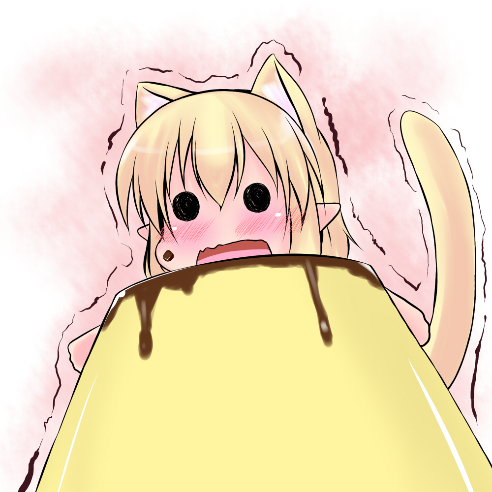 animal_ears, blonde_hair, blush, cat_ears, cat_tail, chibi, extra_ears, food