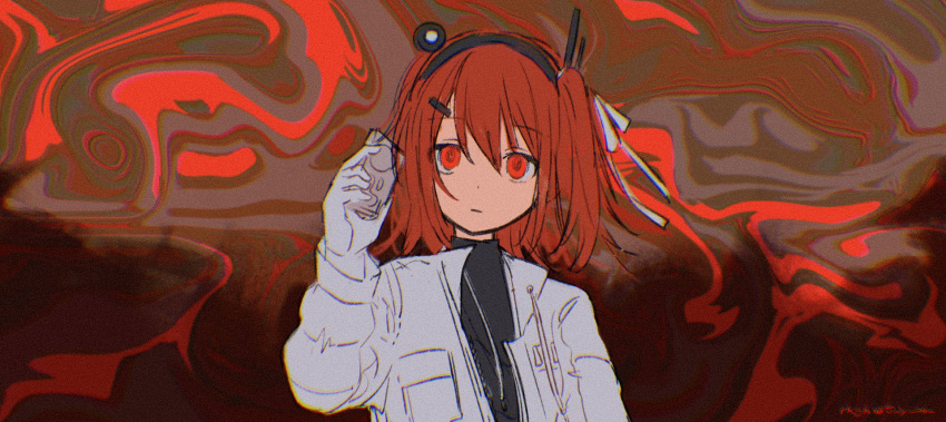 1girl, a.i._voice, abstract_background, adachi_rei, black_hairband, black_sweater, cassette_player, commentary_request