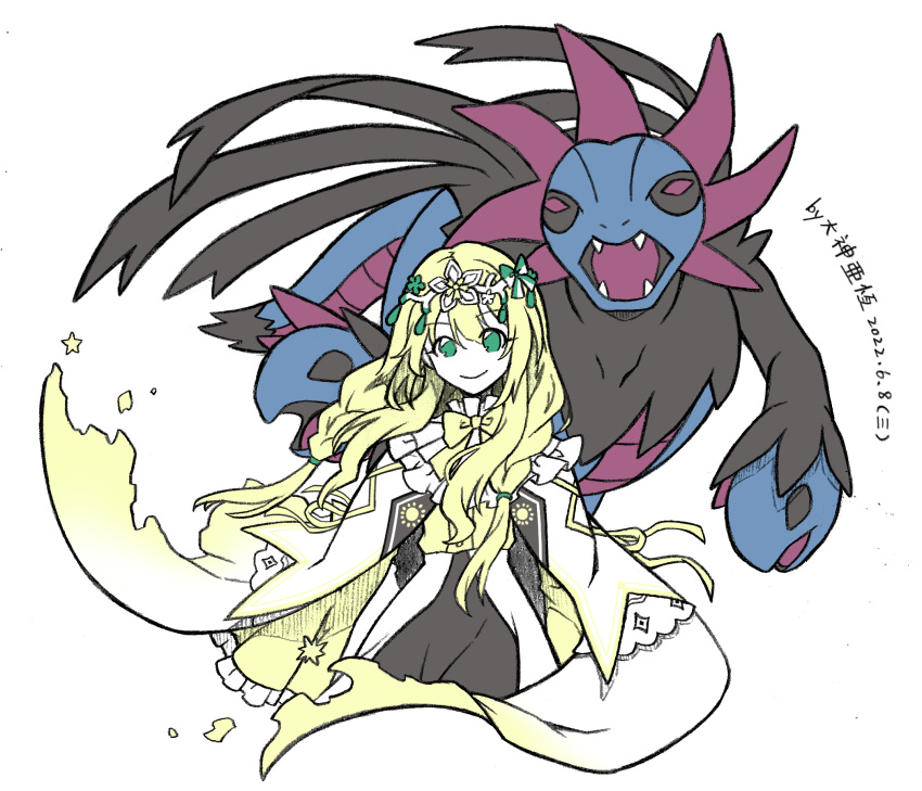 1girl, artist_name, blonde_hair, bow, bowtie, chinese_commentary, closed_mouth, commentary_request, commission, cowboy_shot, dashen_ya_heng, dated, dragon, english_commentary, english_text, fangs, flat_color, green_bow, green_eyes, hair_bow, hair_tie, hairband, happy, highres, hydreigon, long_hair, looking_at_viewer, mixed-language_commentary, mixed-language_text, multicolored_cloak, multiple_heads, open_mouth, original, partial_commentary, pokemon, pokemon_(creature), shirt, shirt_tucked_in, sidelocks, signature, simple_background, smile, standing, star_(symbol), straight-on, two-tone_skirt, very_long_hair, violet_eyes, white_background, white_hairband, yellow_bow, yellow_bowtie, yellow_shirt