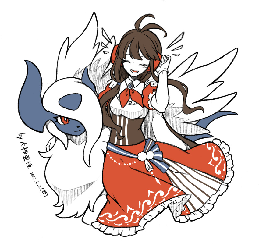 1girl, ^_^, absol, adjusting_headphones, antenna_hair, artist_name, breasts, bright_pupils, brooch, brown_hair, chinese_commentary, closed_eyes, closed_mouth, collared_shirt, commentary_request, commission, corset, dashen_ya_heng, dated, english_commentary, english_text, epaulettes, flat_color, frilled_skirt, frills, gloves, hair_over_one_eye, hair_tie, hand_up, happy, headphones, highres, jewelry, long_hair, long_skirt, mega_absol, mega_pokemon, mixed-language_commentary, mixed-language_text, neckerchief, one_eye_covered, open_mouth, original, partial_commentary, pokemon, pokemon_(creature), puffy_short_sleeves, puffy_sleeves, raglan_sleeves, red_eyes, red_neckerchief, red_skirt, red_sleeves, shirt, short_hair, short_sleeves, sidelocks, signature, simple_background, skirt, small_breasts, smile, white_background, white_gloves, white_hair, white_pupils