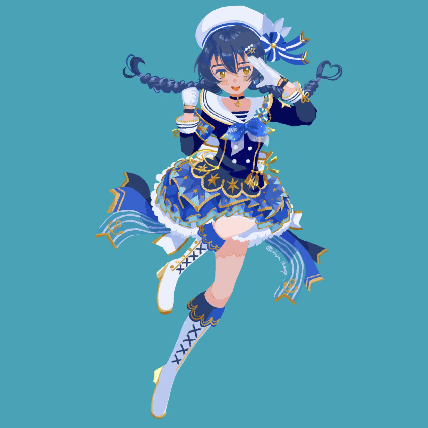 1girl, :d, beret, black_choker, blue_background, blue_hair, blue_shirt, blue_skirt