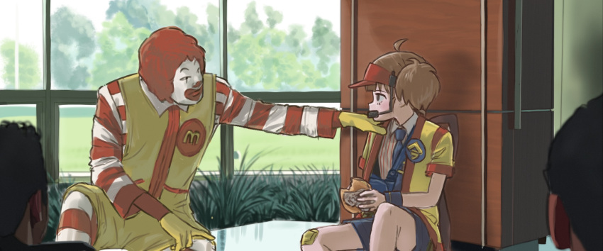 1girl, 3boys, black_necktie, black_shorts, brown_eyes, brown_hair, burger, clown, collared_shirt, colored_skin, commentary, curly_hair, double_cheese_(mcdonald's), dress_shirt, eating, foliage, food, food_bite, gauze_on_knee, gloves, grass, hand_on_another's_shoulder, hat, highres, holding, holding_burger, holding_food, indoors, light_blush, looking_at_another, looking_to_the_side, mcdonald's, medium_hair, multiple_boys, necktie, people, pinstripe_pattern, pinstripe_shirt, polypro, red_hat, red_shirt, redhead, ronald_mcdonald, shirt, shorts, sitting, striped_clothes, striped_leggings, striped_shirt, tree, twintails, two-tone_shirt, vertical-striped_clothes, vertical-striped_shirt, visor_cap, white_shirt, white_skin, window, yellow_gloves, yellow_happi, yellow_romper