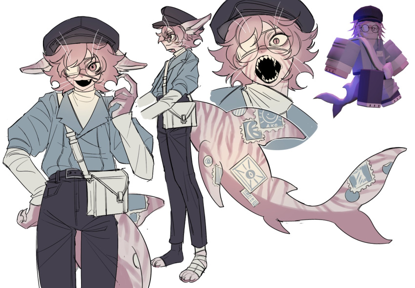 1other, animal_ears, black_pants, blue_jacket, fins, fish_tail, full_body, furry, glasses, highres, jacket, lapels, minho_(stealsyourcat1), mio_(retrorade), notched_lapels, pants, pink_eyes, pink_hair, reference_inset, regretevator, retrorade, roblox, round_eyewear, shark_tail, sharp_teeth, simple_background, sweater, tail, teeth, white_background, white_sweater