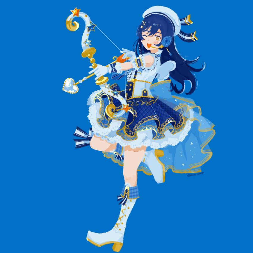 ;d, aiming, arrow_(projectile), beret, blue_background, blue_hair, blue_skirt, blush