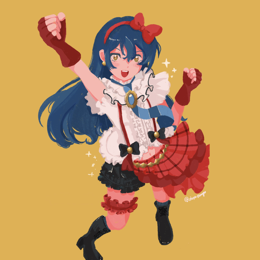 1girl, :d, absurdres, black_footwear, black_shorts, blue_hair, blush, bokura_wa_ima_no_naka_de