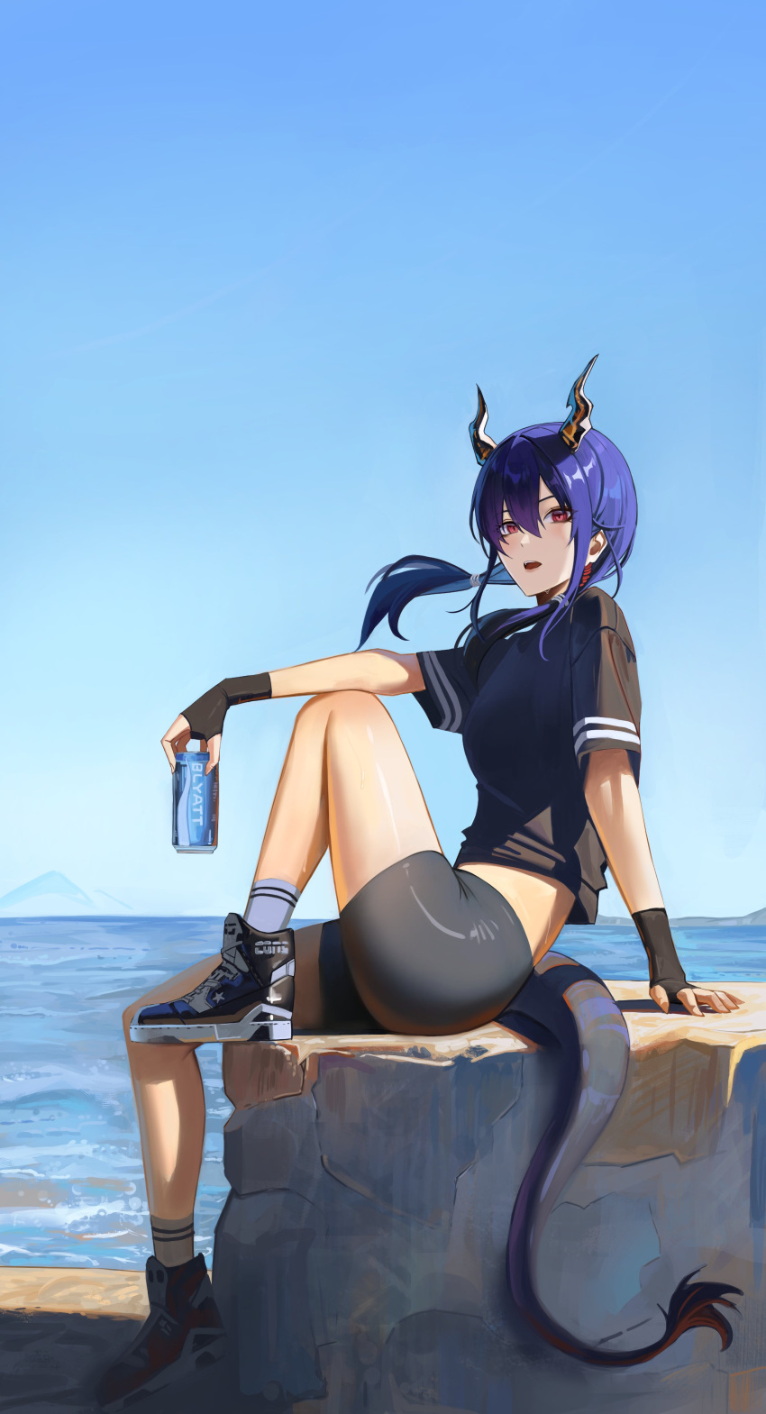 1girl, absurdres, arknights, bike_shorts, black_footwear, black_gloves, black_shirt, black_shorts