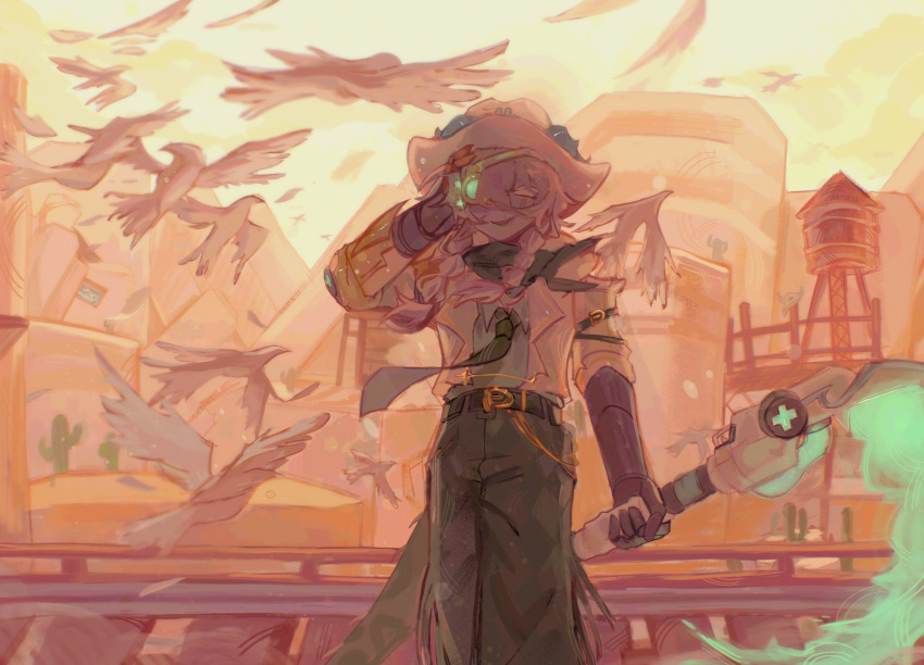 1girl, aamx1i, bird, black_gloves, braid, cowboy_shot, day, dove