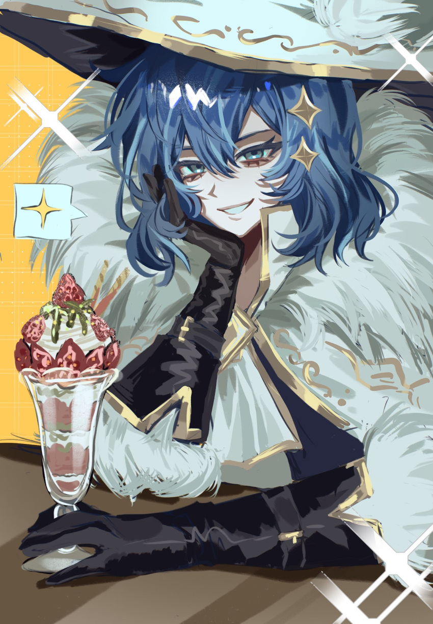 1boy, ascot, black_gloves, blue_eyes, blue_hair, camille_(project_moon), cape, cup