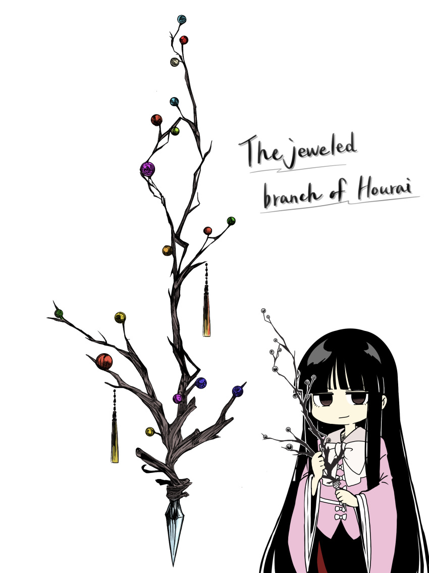 1girl, absurdres, black_hair, blunt_bangs, bow, bowtie, branch, highres