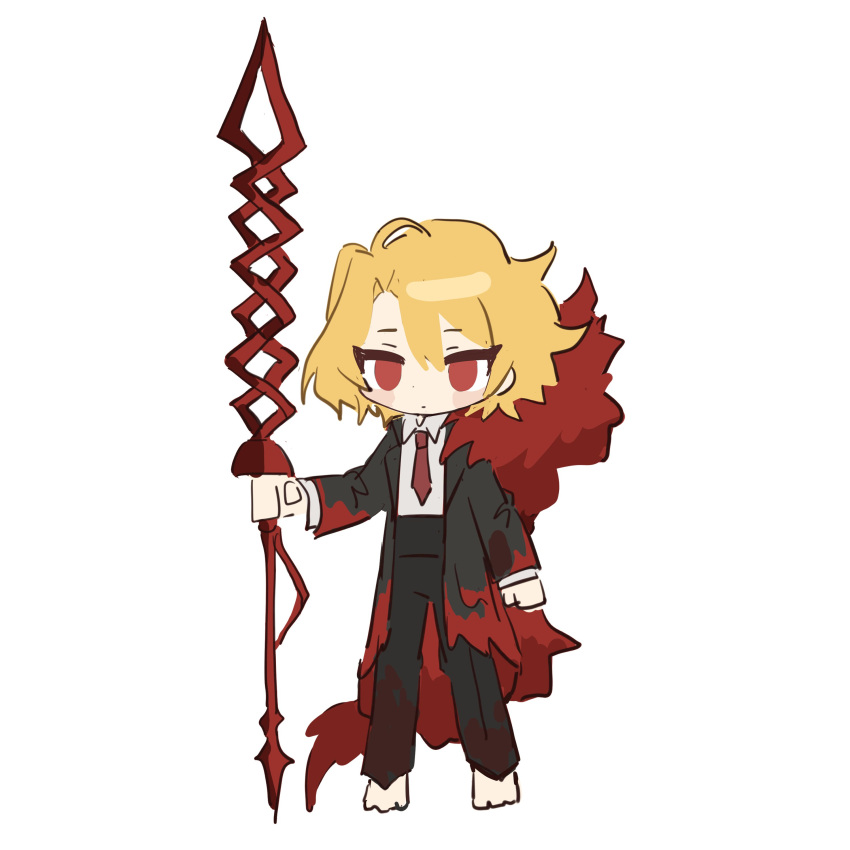 1girl, absurdres, barefoot, black_coat, black_pants, blonde_hair, cape, chibi